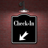 Check-In 45 Degree Down Left Arrow BLACK Aluminum Composite Sign