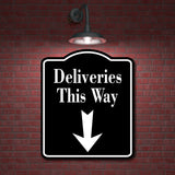 Deliveries This Way Down Arrow BLACK Aluminum Composite Sign