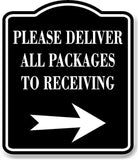 Please Deliver All Packages To Receiving Right BLACK Aluminum Composite Sign