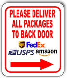 Please Deliver All Packages To Back Door RIGHT arrow outdoor Metal sign