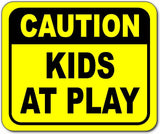 Caution kids at play Bright yellow metal outdoor sign