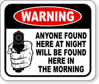 Warning anyone found here at night will be found here in the morning sign