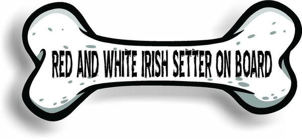 Dog on Board Red and White Irish Setter Bone Car Magnet Bumper Sticker 3"x7"