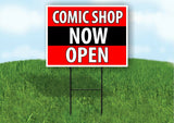 COMIC SHOP NOW OPEN BLACK STRIPE Plastic Yard Sign ROAD SIGN with Stand