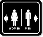 BATHROOM RESTROOM MEN RIGHT ARROW WOMEN LEFT ARROW BLACK Aluminum composite sign