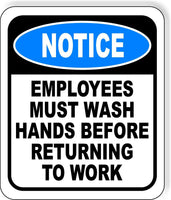 NOTICE EMPLOYEES MUST WASH HANDS BEFORE RETURNING Metal Aluminum Composite Sign