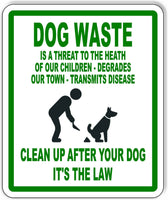 Dog waste is a threat to the heath please clean up after outdoor sign SIGNAGE