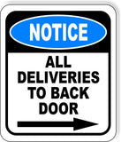 NOTICE All Deliveries to Back Door right arrow Aluminum Composite Sign