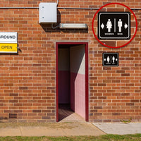 BATHROOM RESTROOM MEN RIGHT ARROW WOMEN LEFT ARROW BLACK Aluminum composite sign
