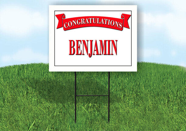 BENJAMIN CONGRATULATIONS RED BANNER 18in x 24in Yard sign with Stand