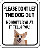 PLEASE DONT LET THE DOG OUT Pembroke Welsh Corgi Aluminum Composite Sign