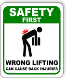 SAFETY FIRST WRONG LIFTING CAN CAUSE BACK INJURIES Aluminum Composite Sign