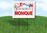 MONIQUE HAPPY BIRTHDAY BALLOONS 18 in x 24 in Yard Sign Road Sign with Stand