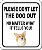 PLEASE DONT LET THE DOG OUT Corgi Metal Aluminum Composite Sign