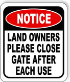 NOTICE land owners please close gate after each use Aluminum Composite Sign