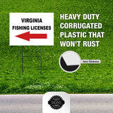 VIRGINIA _FISHING LICENSES LEFT ARROW RED Yard Sign w Stand LAWN SIGN Single