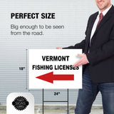 VERMONT _FISHING LICENSES LEFT ARROW RED Yard Sign w Stand LAWN SIGN Single