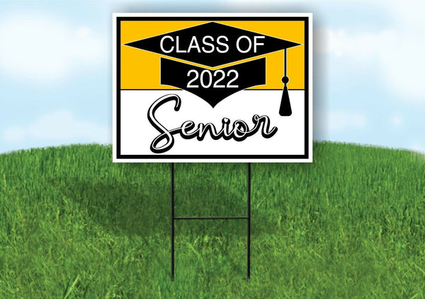 50pk CLASS 2022 SENIOR GOLD WHITE  DOUBLE SIDED Yard Sign with Stands LAWN SIGN