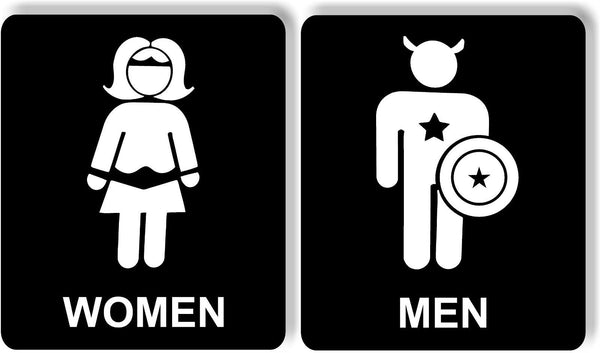Funny superhero women men bathroom restroom metal sign set for business